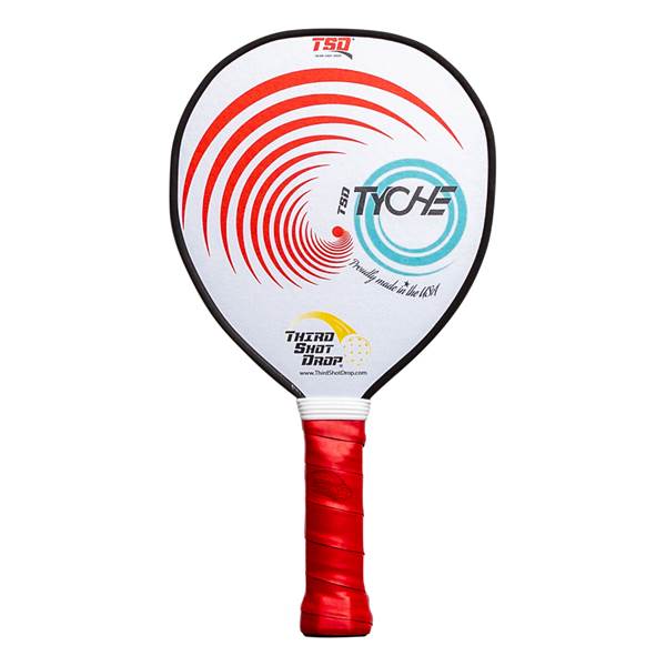 Front view of a white pickleball paddle with red swirl design, TYCHE logo, and red grip.
