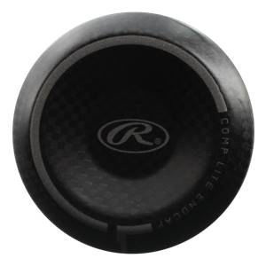 Top-down view of a black baseball bat endcap with a Rawlings logo and COMP LITE ENDCAP text.