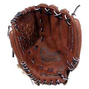 Top-down view of a brown youth baseball glove with a woven web, Power Close logo, and Mizuno branding.