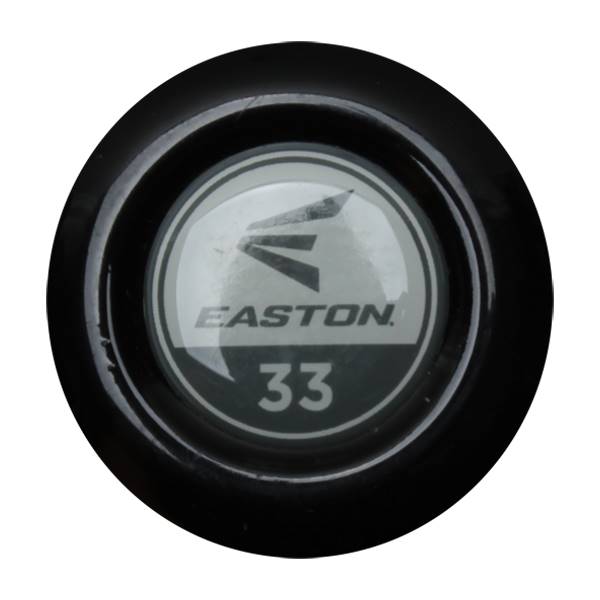 End view of a black baseball bat with the Easton logo and 33 printed on the cap.