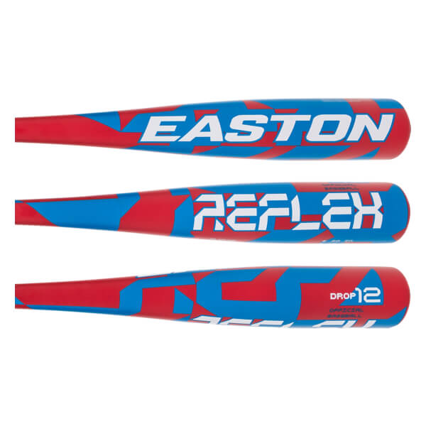 Multiple side views of the bat barrel show its red and blue geometric pattern and white "EASTON", "REFLEX", and "DROP 12" branding.