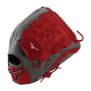 Corner view of a smoke and red baseball glove with white Mizuno logos and red lacing.