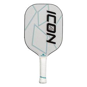 Front view of a white pickleball paddle with black ICON text and a geometric design.