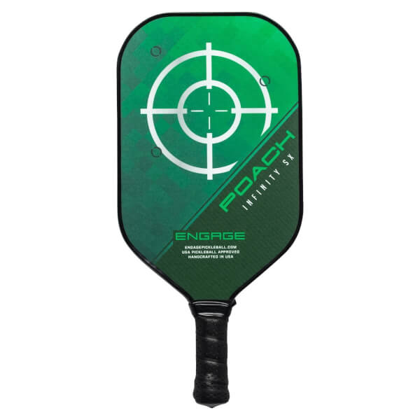 Front view of a green pickleball paddle with a target design, POACH INFINITY SX text, and ENGAGE logo.