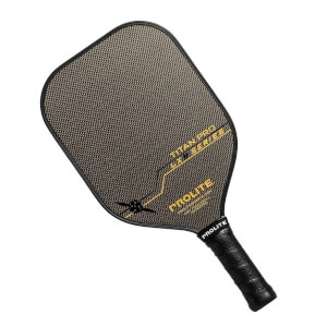 Top-down view of a black pickleball paddle with gold TITAN PRO LXM SERIES and PROLITE text.