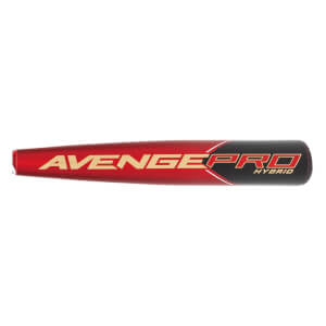 Side view of a red and black baseball bat with AVENGE PRO and HYBRID text.