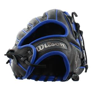 Side view of a black baseball glove with blue trim and Wilson branding.
