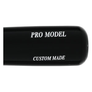 Side view of a black baseball bat with PRO MODEL and CUSTOM MADE text.
