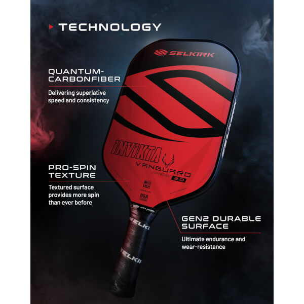 Front view of a red Selkirk Invikta pickleball paddle with black accents and VANGUARD 2.0 text.