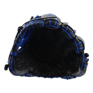 Top-down view of a black baseball glove with blue lacing and a Wilson logo.