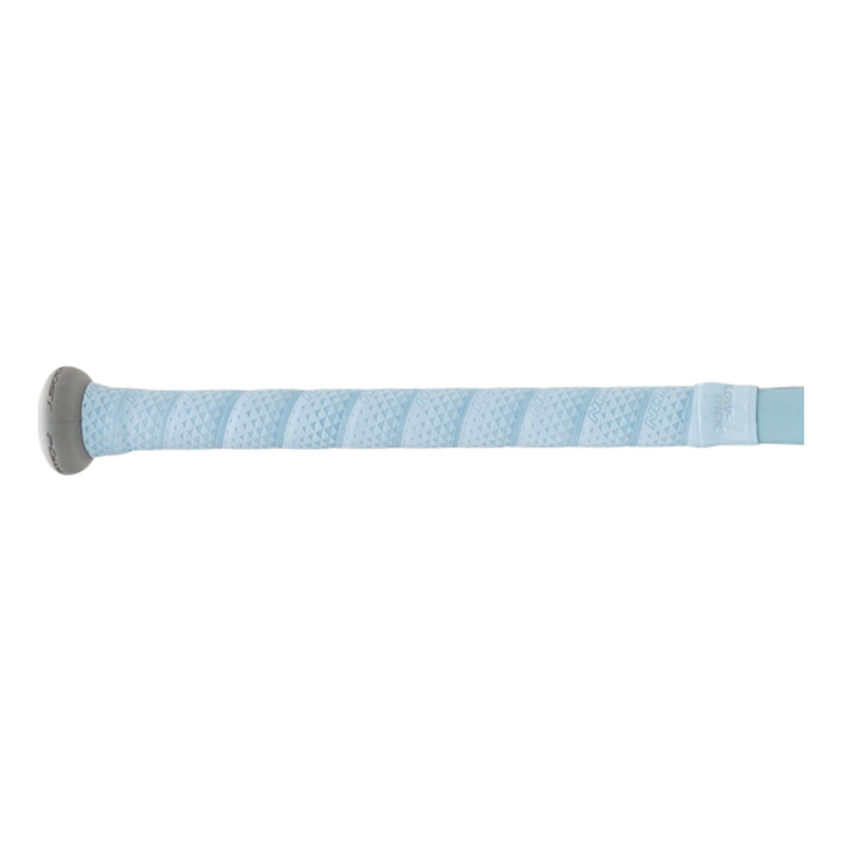 Close-up of a light blue bat grip with a textured diamond pattern, spirally wrapped around the handle, ending in a dark gray knob.