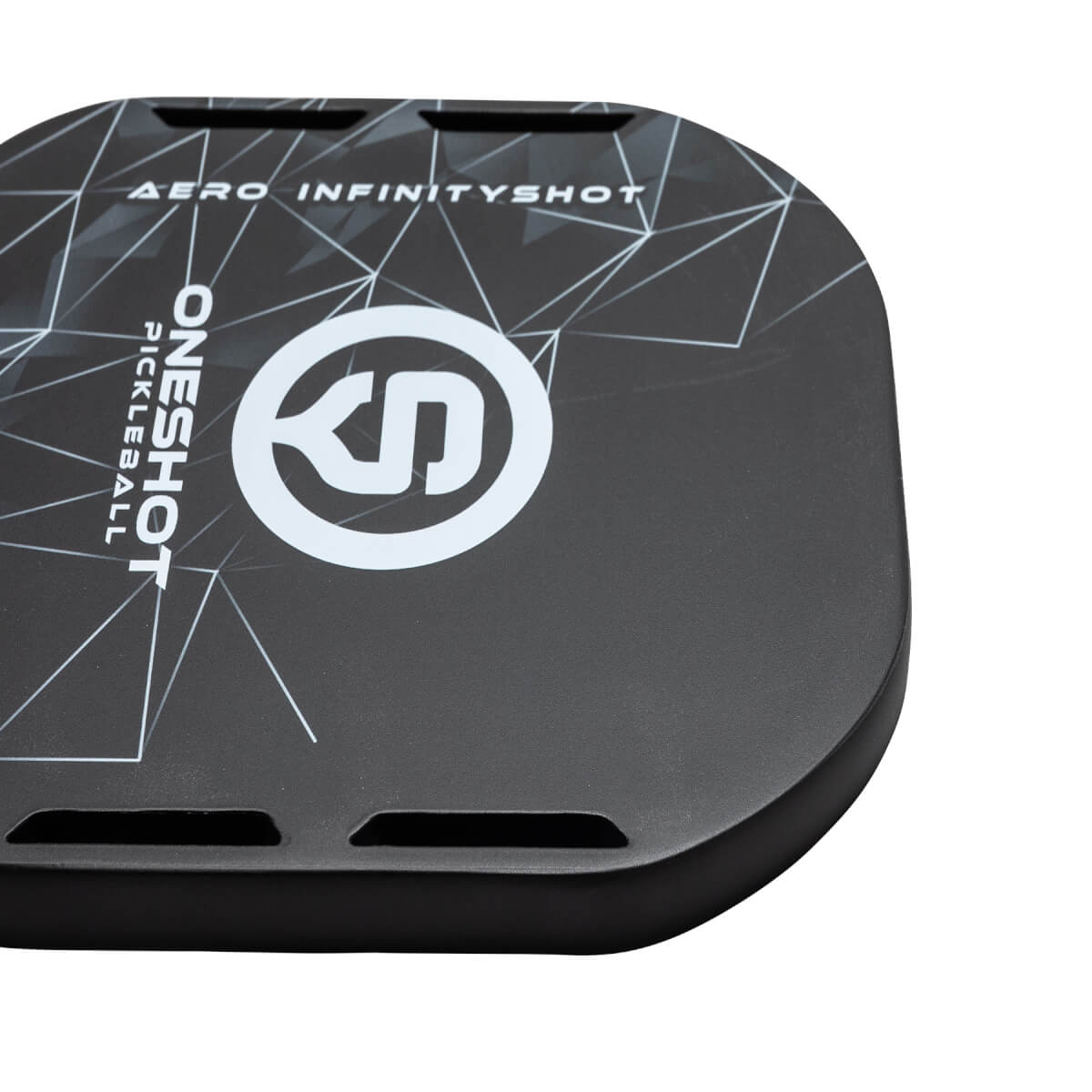 Top-down view of a black pickleball paddle with white ONESHOT PICKLEBALL text, a circular logo, and AERO INFINITYSHOT text.