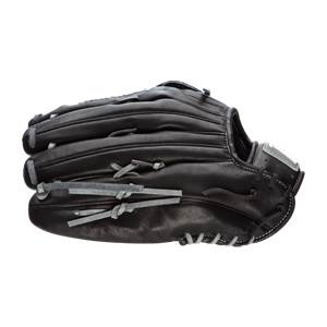 Side view of a black baseball glove with grey lacing and a silver accent on the wrist strap.