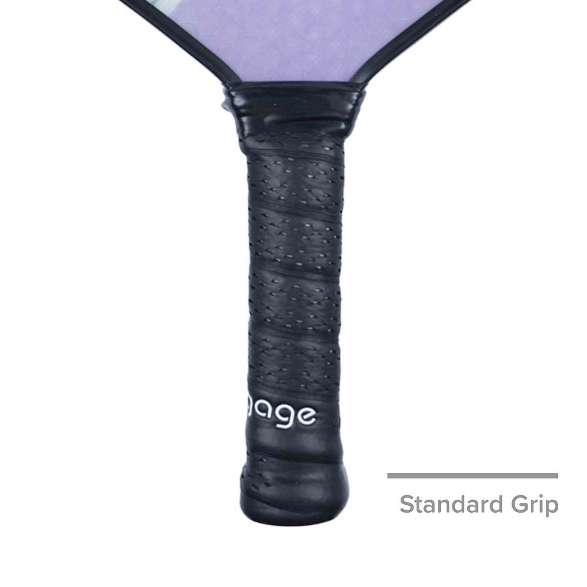 Close-up of a black pickleball paddle grip with Engage logo and textured perforations.