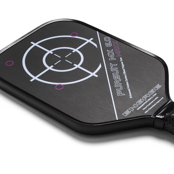 Corner view of a black pickleball paddle with a target design, PURSUIT MX 6.0 MAXX, and ENGAGE branding.