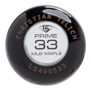 Top-down close-up of a glossy black bat end with a silver insert displaying PRIME 33 MLB MAPLE and CHRISTIAN YELICH.