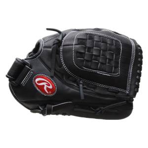 Side view of a black fastpitch glove with white stitching and a woven pocket.