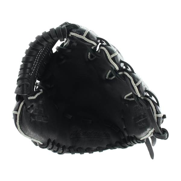 Top-down view of a black baseball glove with white lacing and Akadema logo.