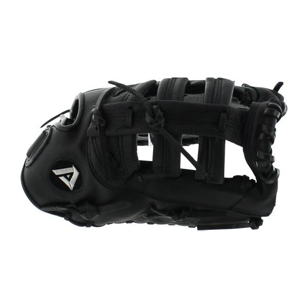 Side view of a black first base mitt with a white triangle logo and laced finger stalls.