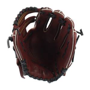 Interior view of a brown baseball glove with white piping and black lacing.