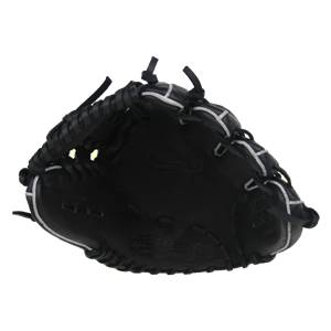 Top-down view of a black baseball glove with white stitching and Akadema text.