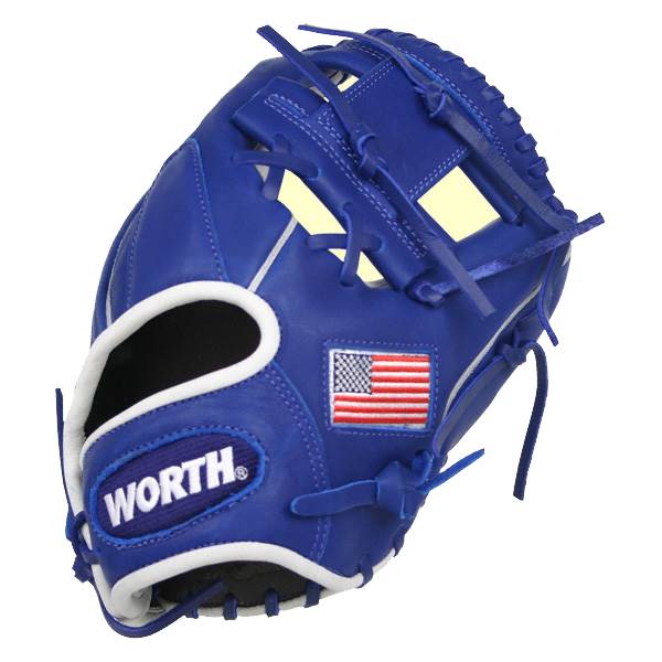 Front view of a royal blue baseball glove with white trim, WORTH logo, and American flag patch.