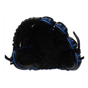 Top-down view of a black baseball glove with blue lacing and a Wilson logo.