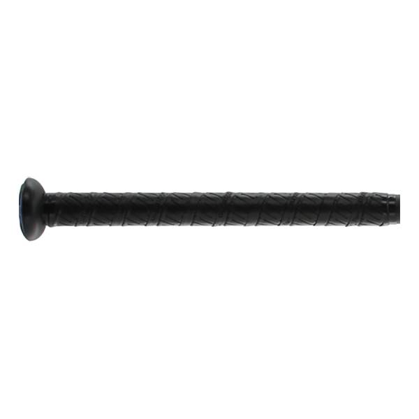 Side view of a black baseball bat with a textured grip and black end cap.