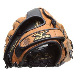 Front view of a tan baseball glove with black accents, Mizuno logo, and Butter Soft LINING text.