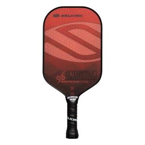 Front view of a red Selkirk Invikta pickleball paddle with a large S graphic and black grip.
