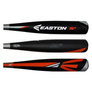 Three views of a black Easton S3 baseball bat with orange and white accents.
