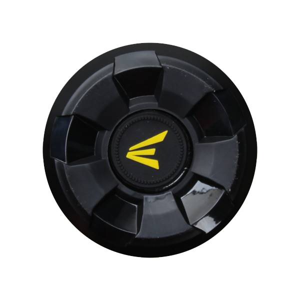 Top-down view of a black baseball bat end cap with a yellow Easton logo.