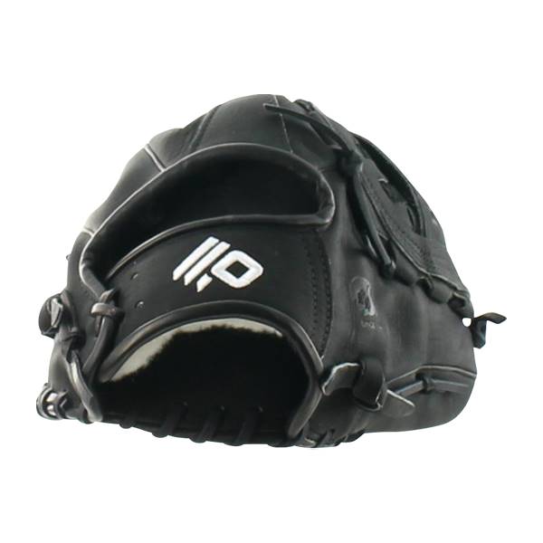 Front view of a black baseball glove with white logo and white stitching.