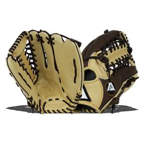 Top-down view of a tan and brown baseball glove with black lacing and an A logo.