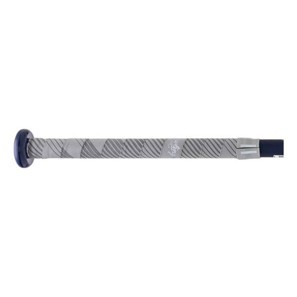 Close-up of a gray softball bat handle with diagonal dark gray stripes, a dark blue knob, and Rawlings text.
