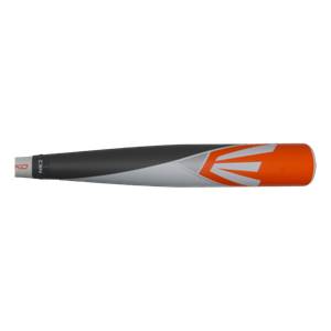 Side view of a black, gray, and orange baseball bat with an Easton logo.