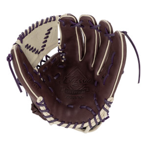 Front view of a brown softball glove with white and purple lacing and Classic Fastpitch Mizuno branding.
