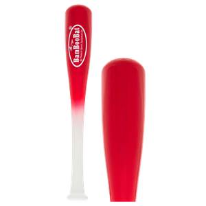 Front view of a red and white BamBooBat training bat with BamBooBat logo.