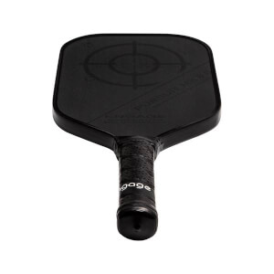 Top-down view of a black pickleball paddle with a target design and ENGAGE branding on the grip.