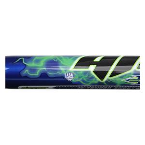 Side view of a blue softball bat with green lightning graphics and ASA CERTIFIED 2004 logo.