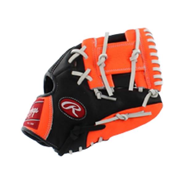 Front view of a black and orange baseball glove with white lacing and a red Rawlings logo.