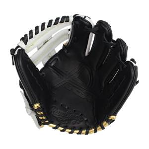 Interior view of a black baseball glove with white finger stalls and gold lacing.