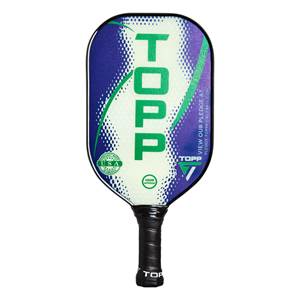Front view of a white, blue, and green pickleball paddle with TOPP logo, USA seal, and USAPA APPROVED stamp.