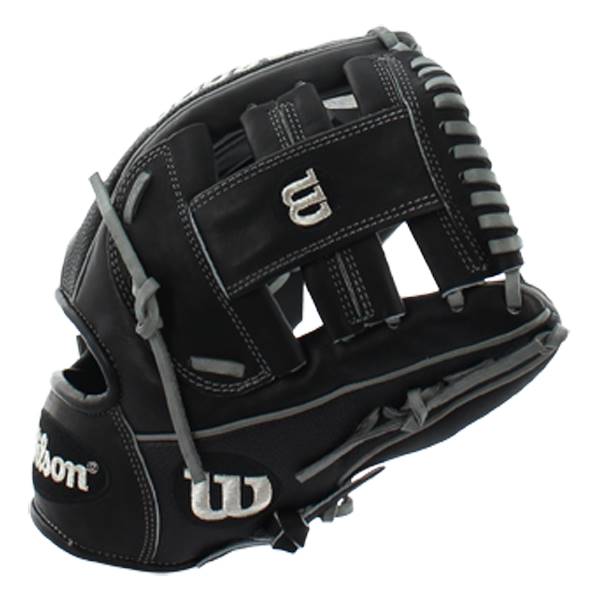 Side view of a black baseball glove with gray lacing and a Wilson logo.