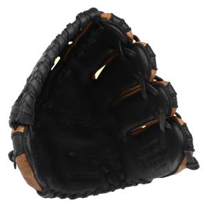 Interior view of a black baseball glove with tan accents and EASTON embossed on the palm.