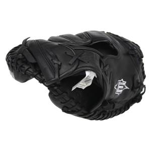 Side view of a black catchers mitt with white Easton logo and visible tag.