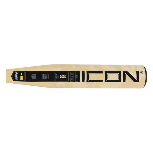 Top-down view of a tan Rawlings Icon baseball bat with black text and a camouflage pattern.