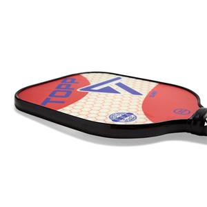 Side view of a red pickleball paddle with blue TOPP text and a hexagonal pattern.