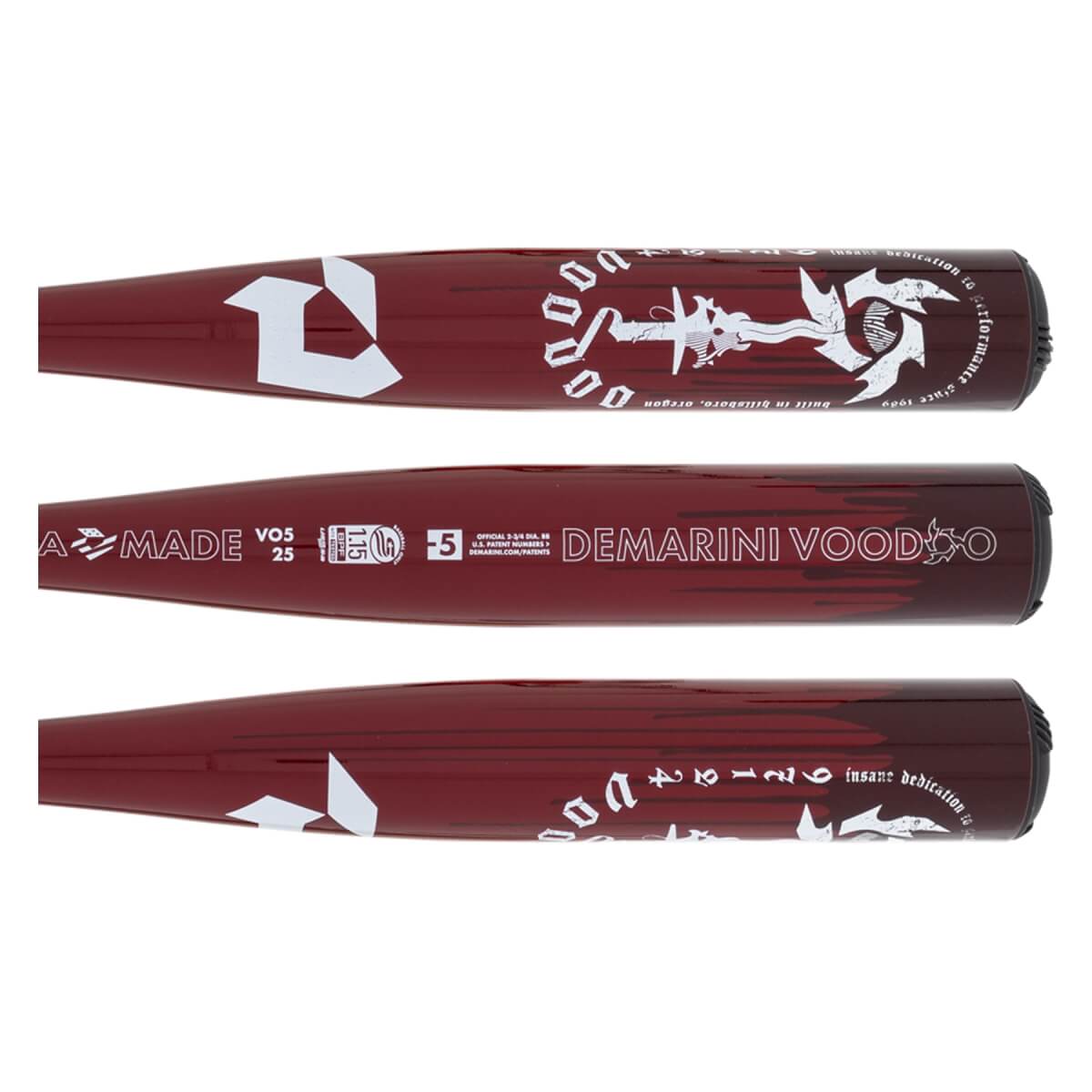 Three horizontal views of the maroon barrel featuring white "DEMARINI VOODOO" text, a large white logo, and black paint-drip accents.
