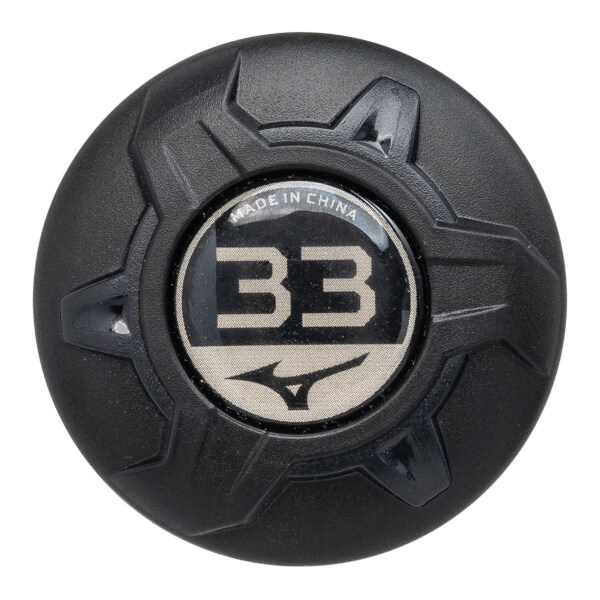 Top-down close-up of a black baseball bat end cap with a textured surface and a central emblem showing BB and Mizuno logo.